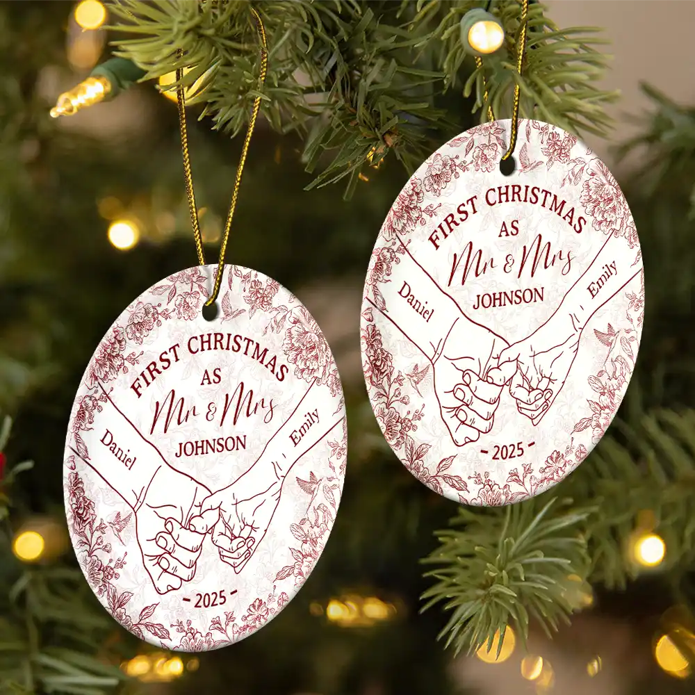 Toile De Jouy Holding Hands First Christmas Couple - Personalized Circle Ceramic Ornament - Image 2
