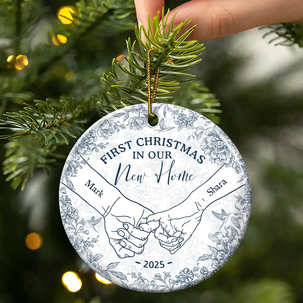 Toile De Jouy Holding Hands First Christmas Couple - Personalized Circle Ceramic Ornament - Image 3