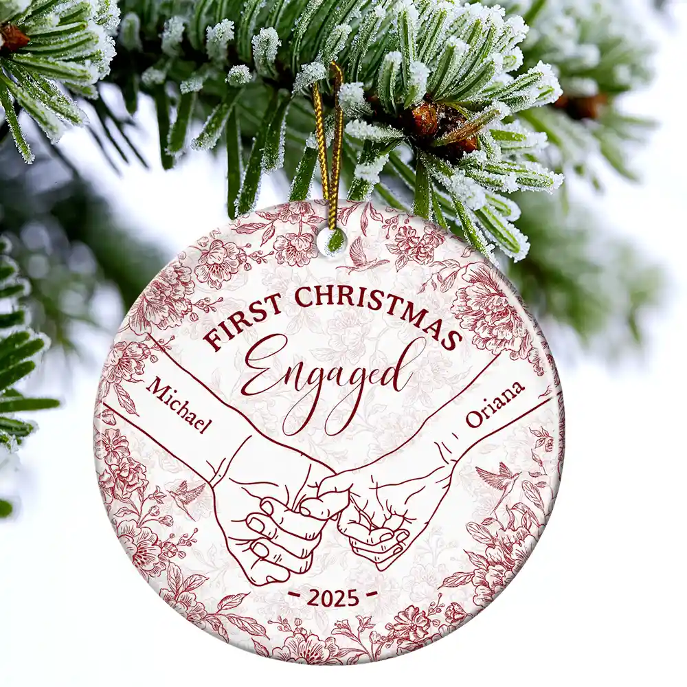 Toile De Jouy Holding Hands First Christmas Couple - Personalized Circle Ceramic Ornament - Image 4