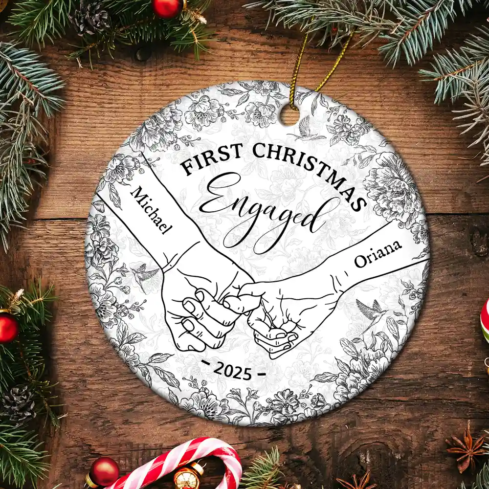 Toile De Jouy Holding Hands First Christmas Couple - Personalized Circle Ceramic Ornament - Image 5