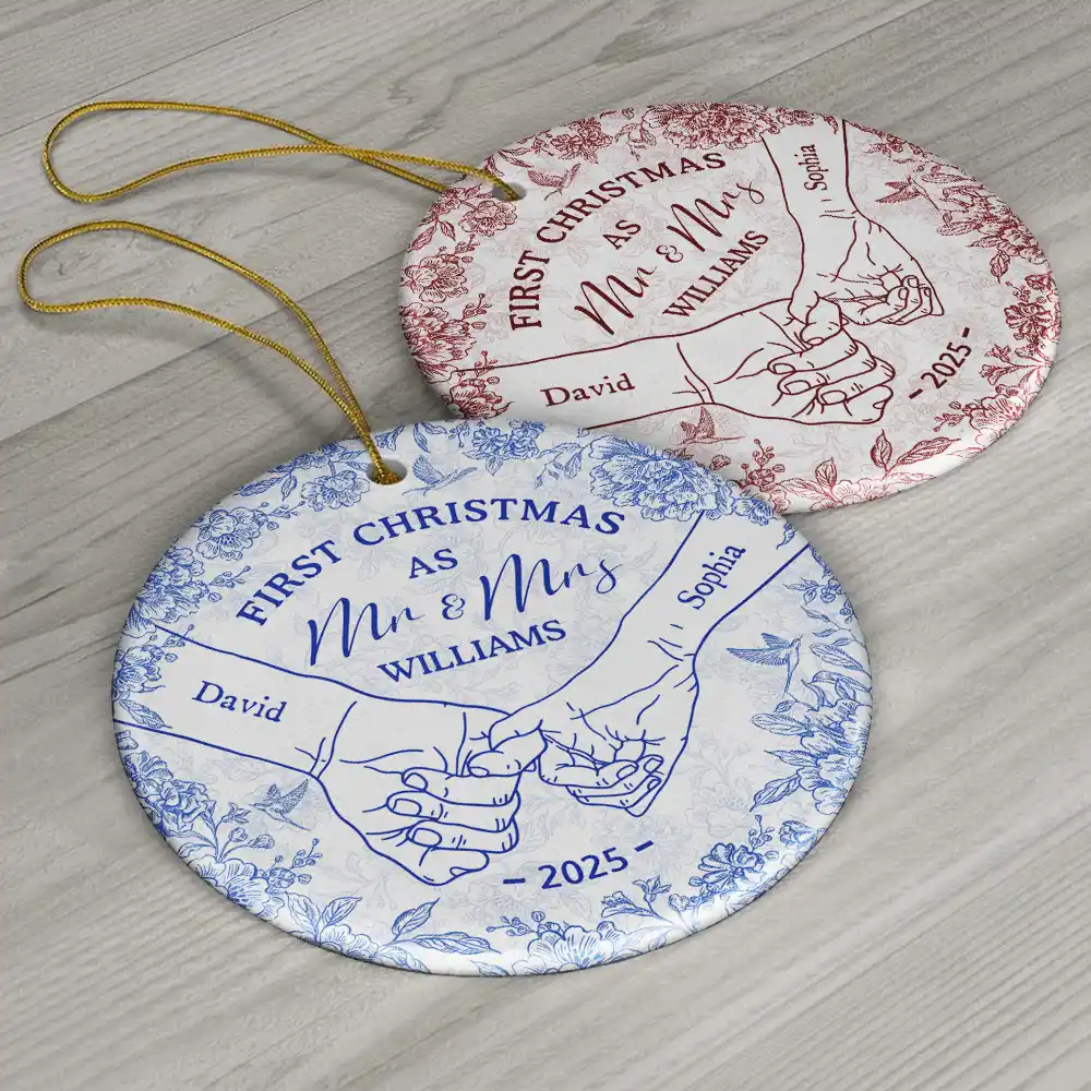 Toile De Jouy Holding Hands First Christmas Couple - Personalized Circle Ceramic Ornament - Image 6