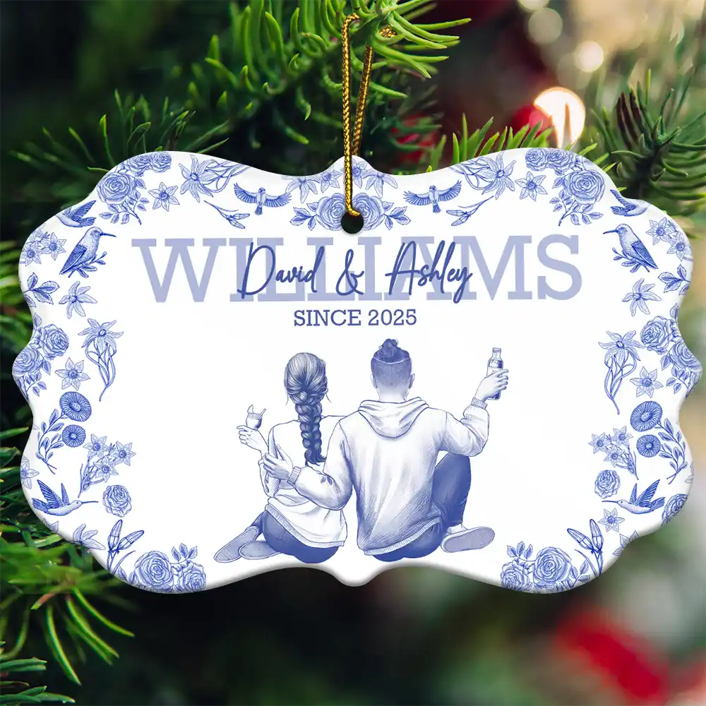 Toile De Jouy Married Couple - Personalized Medallion Ceramic Ornament - Image 3