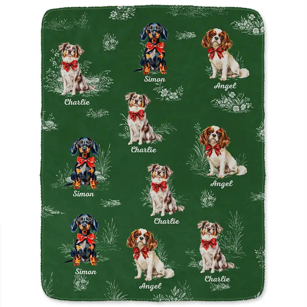 Toile De Jouy Red Bow Dog - Personalized Fleece Blanket, Sherpa Blanket - Image 2