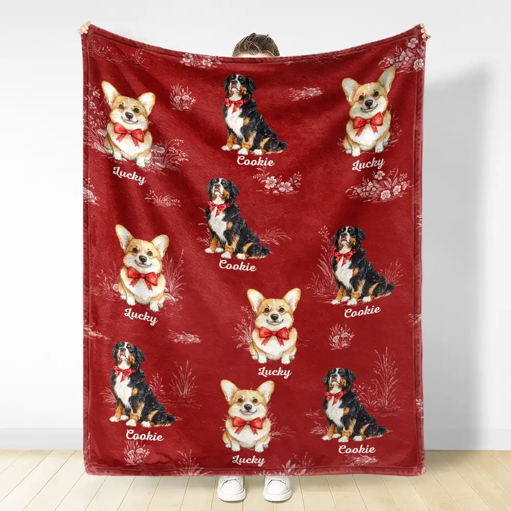 Toile De Jouy Red Bow Dog - Personalized Fleece Blanket, Sherpa Blanket - Image 3