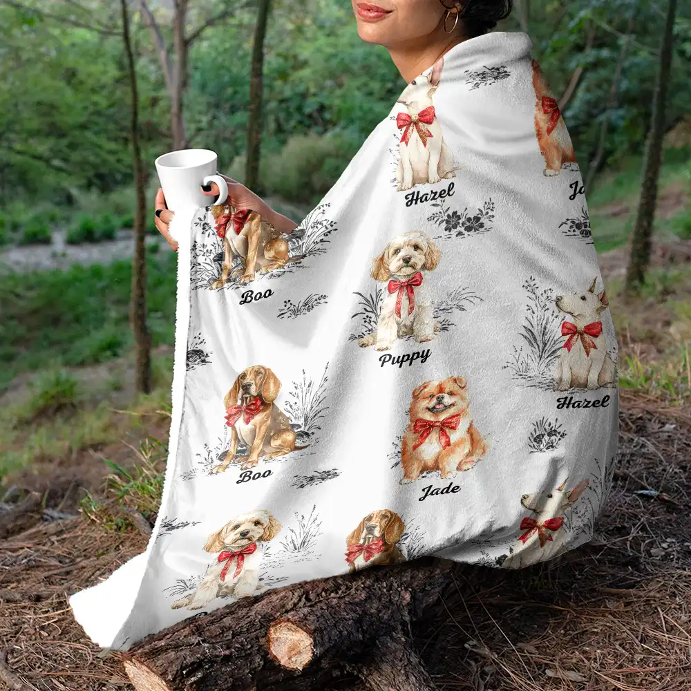Toile De Jouy Red Bow Dog - Personalized Fleece Blanket, Sherpa Blanket - Image 5