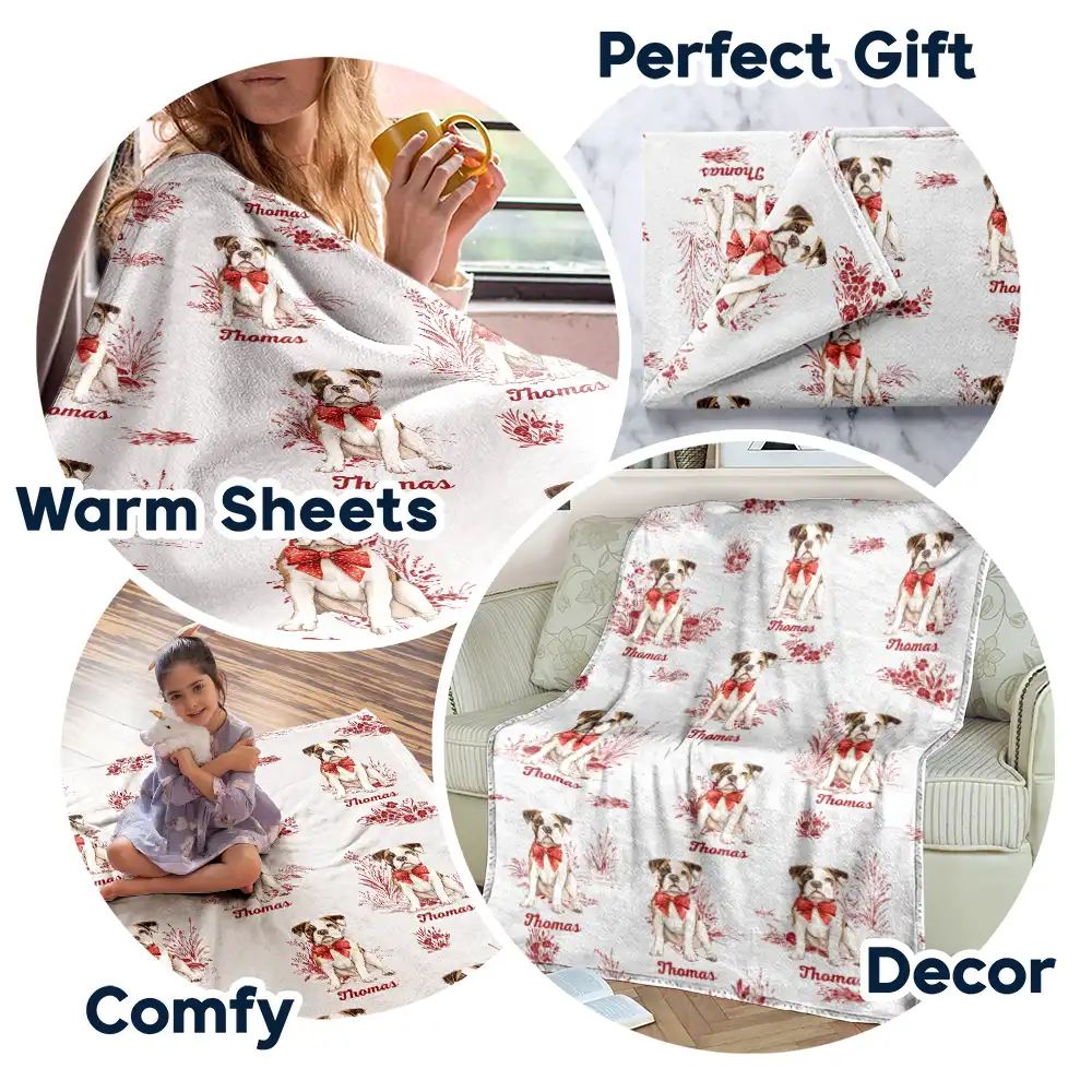Toile De Jouy Red Bow Dog - Personalized Fleece Blanket, Sherpa Blanket - Image 7
