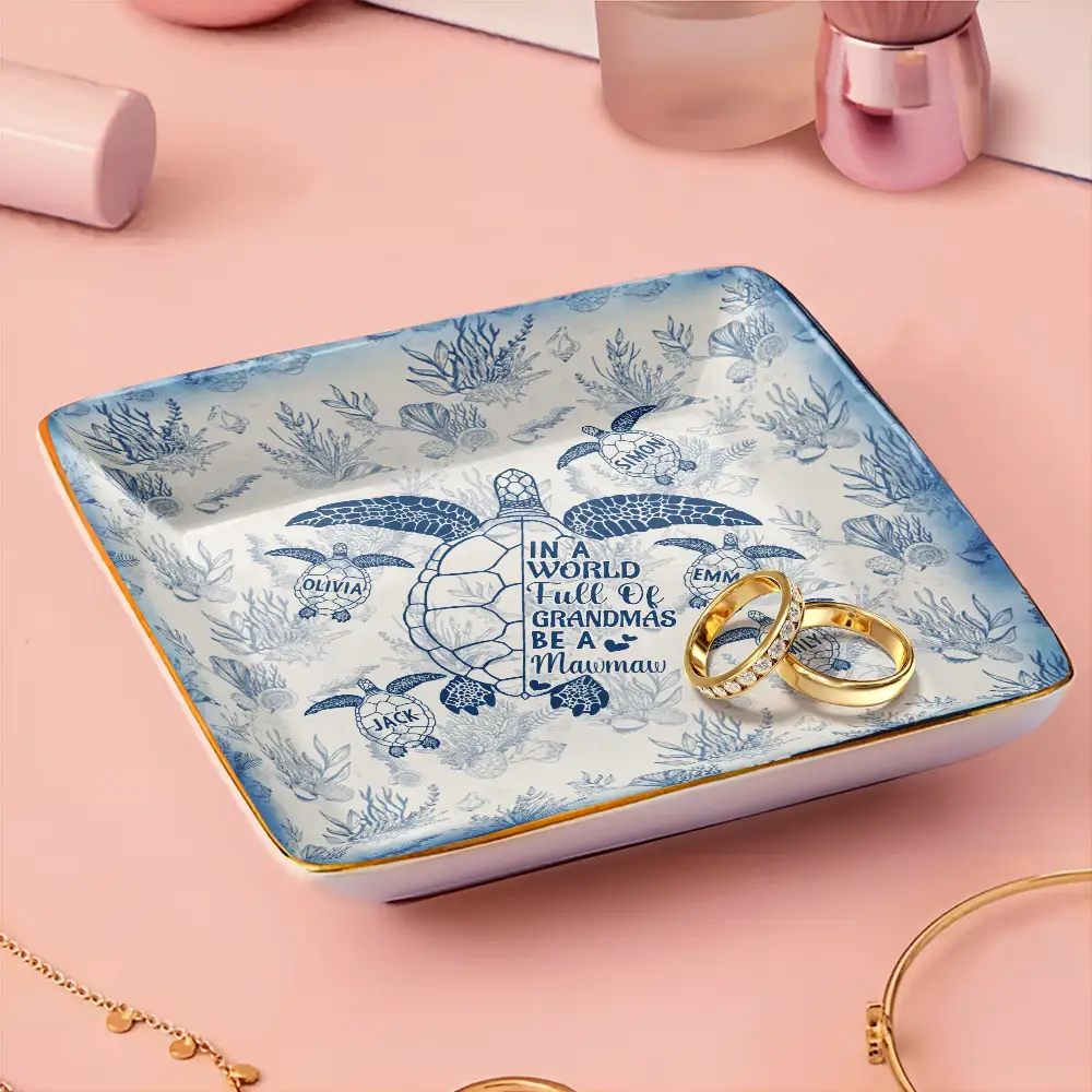 Toile De Jouy Sea Turtle World Full Of Grandmas - Personalized Ring Dish - Image 3