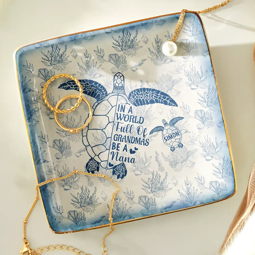 Toile De Jouy Sea Turtle World Full Of Grandmas - Personalized Ring Dish - Image 4