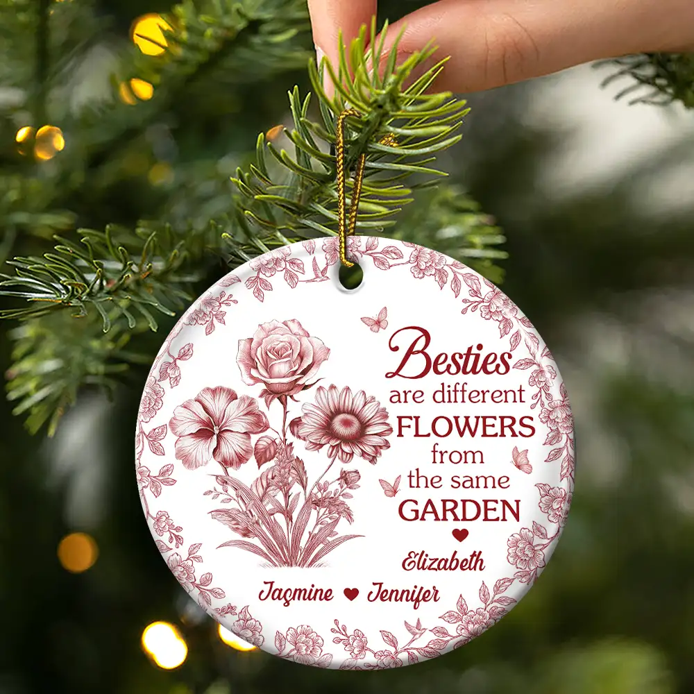 Toile Flower Sisters Are Different Flowers From The Same Garden - Personalized Circle Ceramic Ornament - Image 3