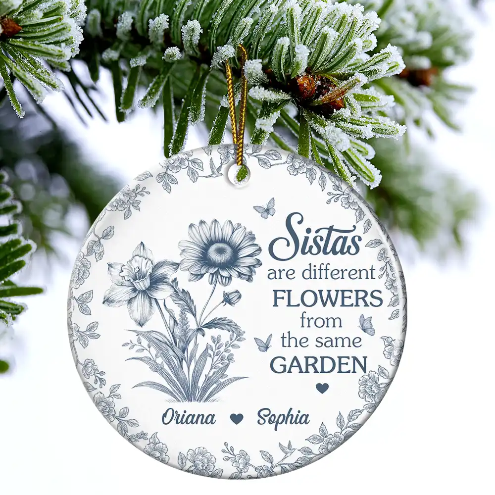 Toile Flower Sisters Are Different Flowers From The Same Garden - Personalized Circle Ceramic Ornament - Image 4