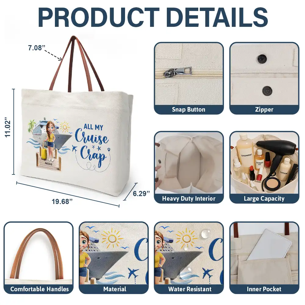Travel All My Cruise Crap - Personalized Leather Handle Tote Bag - Image 4