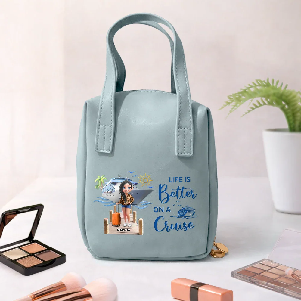 Travel All My Cruise Crap - Personalized Leather Makeup Bag With Handle - Image 4