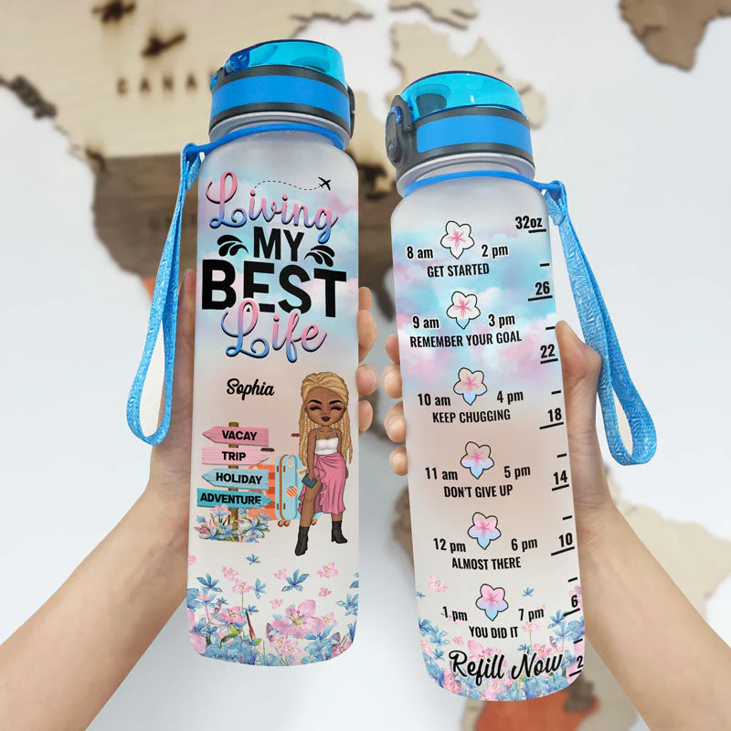 Travel Chibi Girl Living My Best Life - Personalized Custom Water Tracker Bottle - Image 3