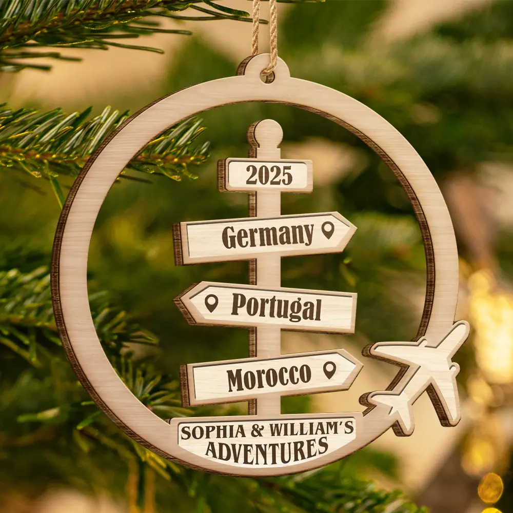 Travel Couple Goal, Destination Of All Year - Personalized Custom Shaped Wooden Ornament - Image 3