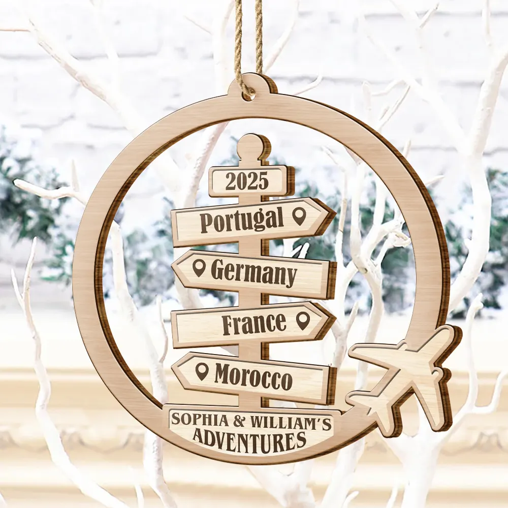 Travel Couple Goal, Destination Of All Year - Personalized Custom Shaped Wooden Ornament - Image 4