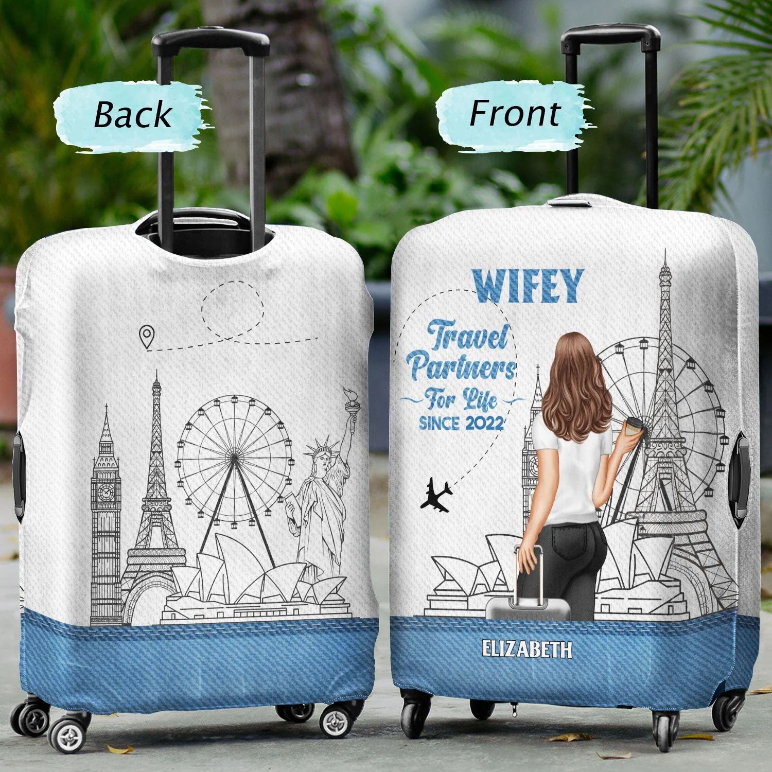 Travel Couple Hubby Wifey Partners For Life - Gift For Couples - Personalized Combo 2 Luggage Covers - Image 2