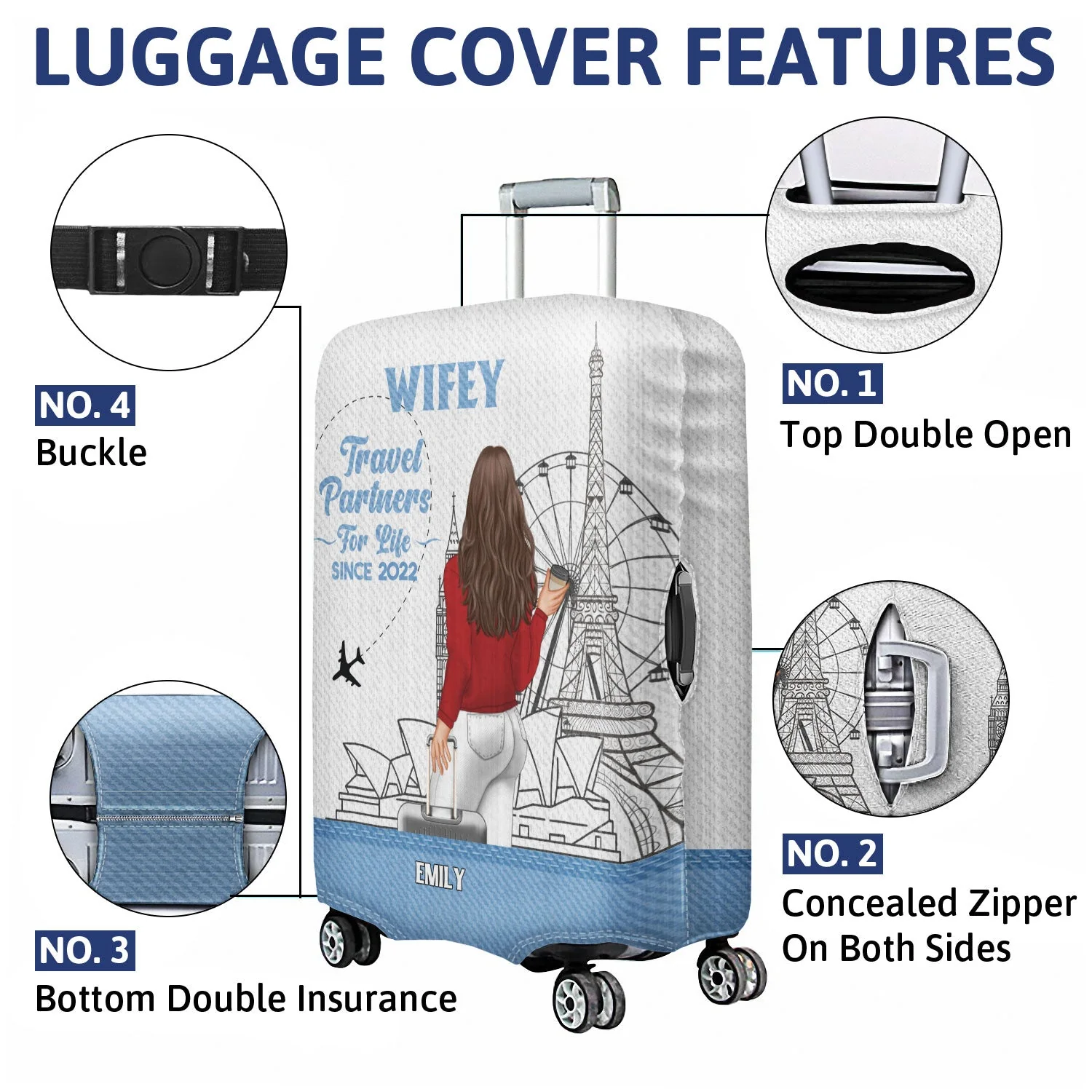 Travel Couple Hubby Wifey Partners For Life - Gift For Couples - Personalized Combo 2 Luggage Covers - Image 4