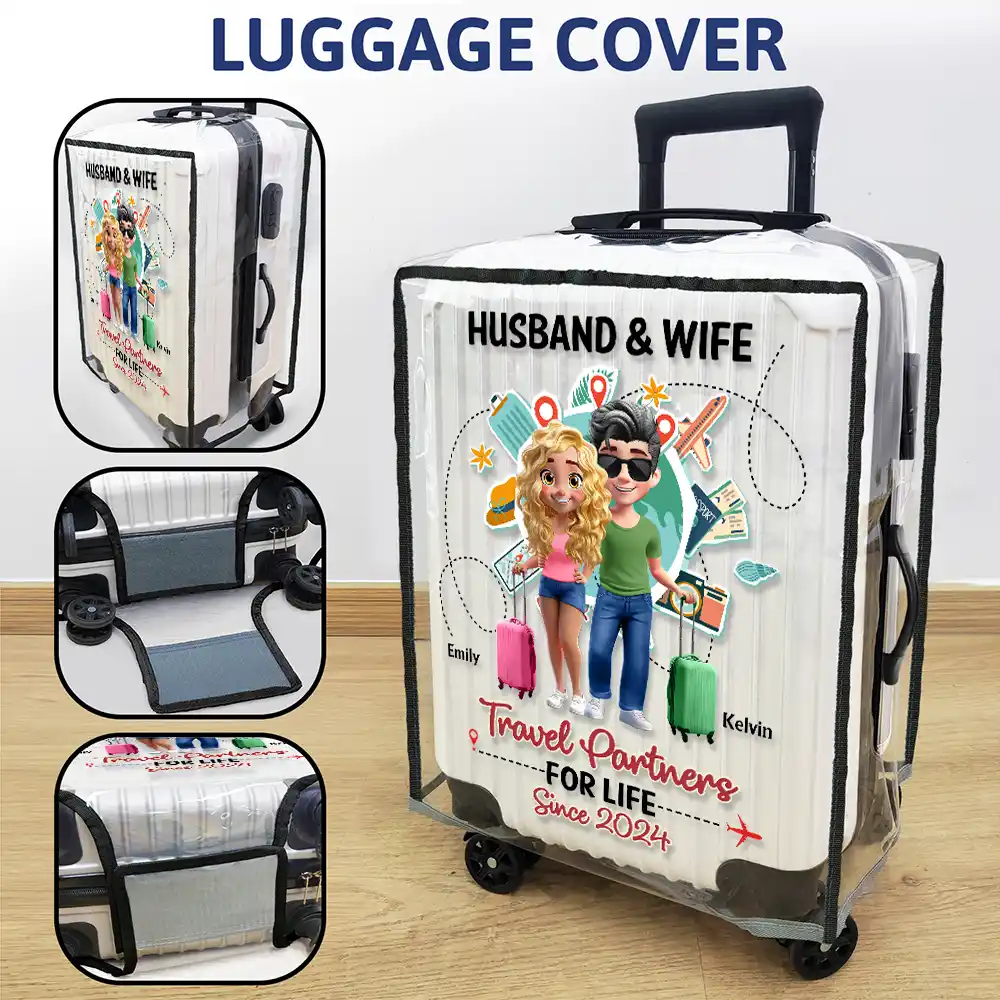 Travel Couple Travel Partners For Life 3D Effect - Personalized Clear Luggage Cover - Image 3