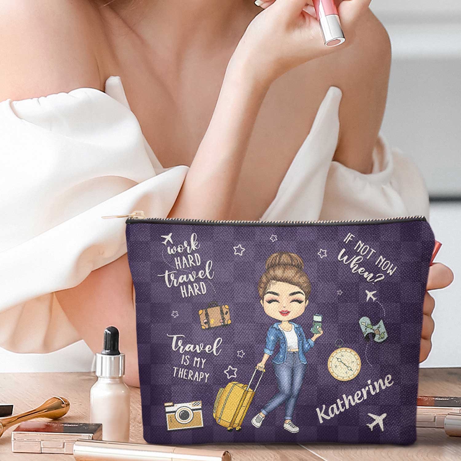 Travel Is My Therapy All My Travel Crap - Gift For Her, Traveling Lovers, Vacation Lovers - Personalized Cosmetic Bag - Image 2