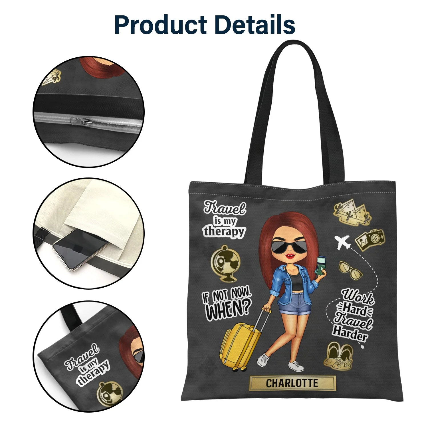 Travel Is My Therapy - Gift For Her, Travel Lovers - Personalized Custom Zippered Canvas Bag - Image 5