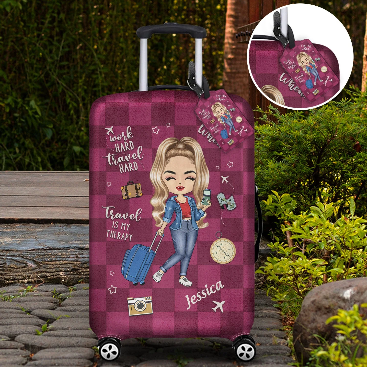 Travel Is My Therapy - Gift For Travelers, Travelling Lovers, Him, Her - Personalized Combo Luggage Cover And Luggage Tag - Image 2