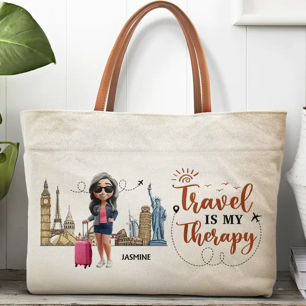 Travel Is My Therapy - Personalized Leather Handle Tote Bag