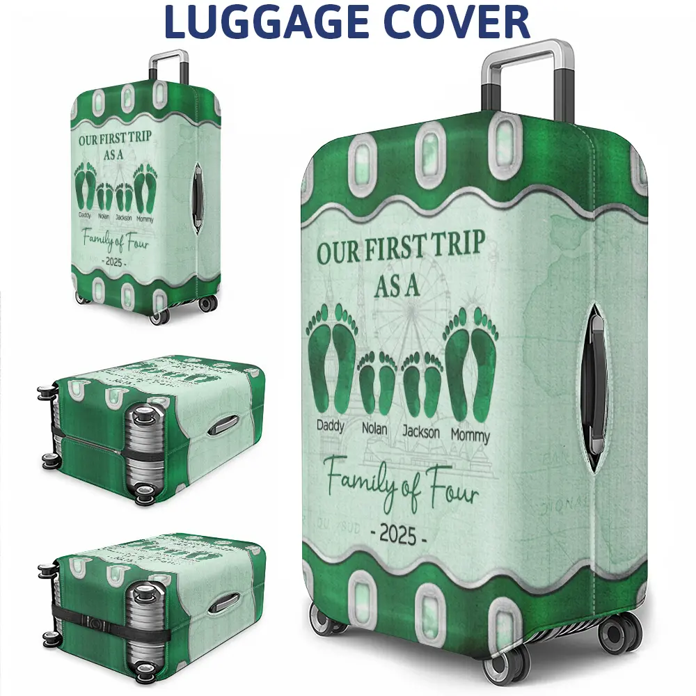 Travel Our First Trip As A Family Of Four Footprints - Personalized Luggage Cover - Image 3