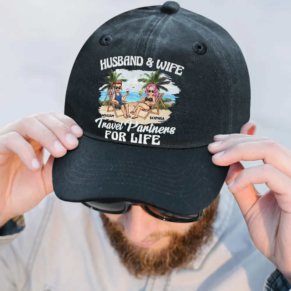 Travel Partners For Life - Personalized Vintage Washed Denim Cap - Image 2