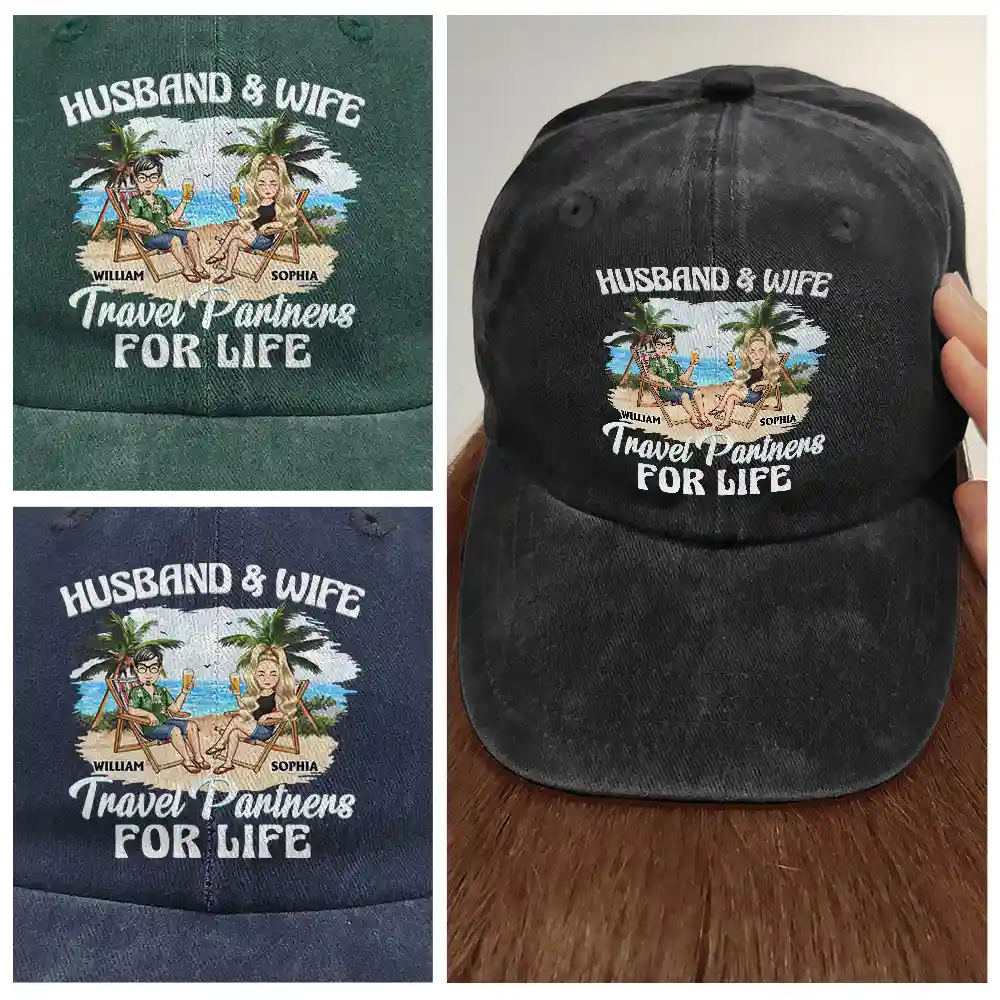 Travel Partners For Life - Personalized Vintage Washed Denim Cap - Image 4
