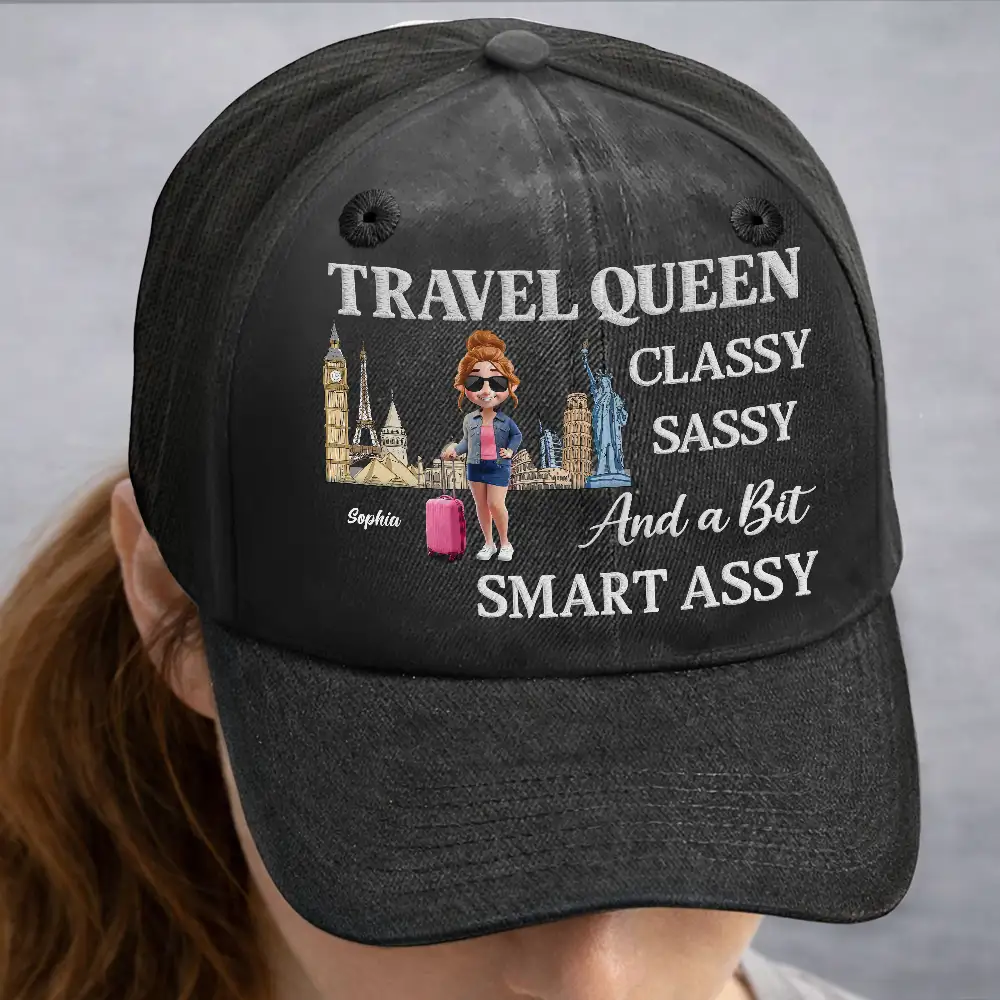 Travel Queen Classy Sassy - Personalized Vintage Washed Denim Cap - Image 2