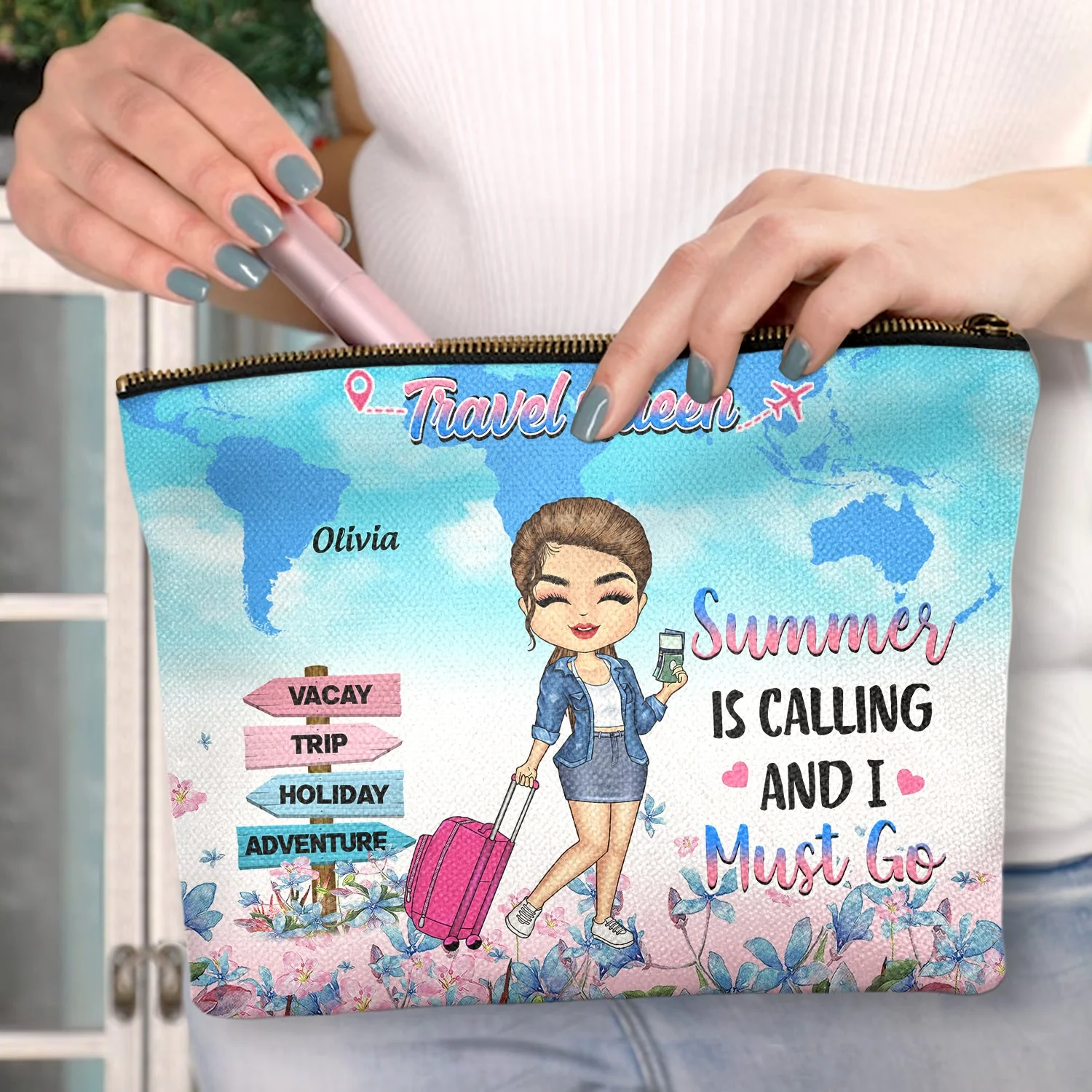 Travel Queen Living My Best Life - Gift For Travel Lovers, Travelers - Personalized Cosmetic Bag - Image 3