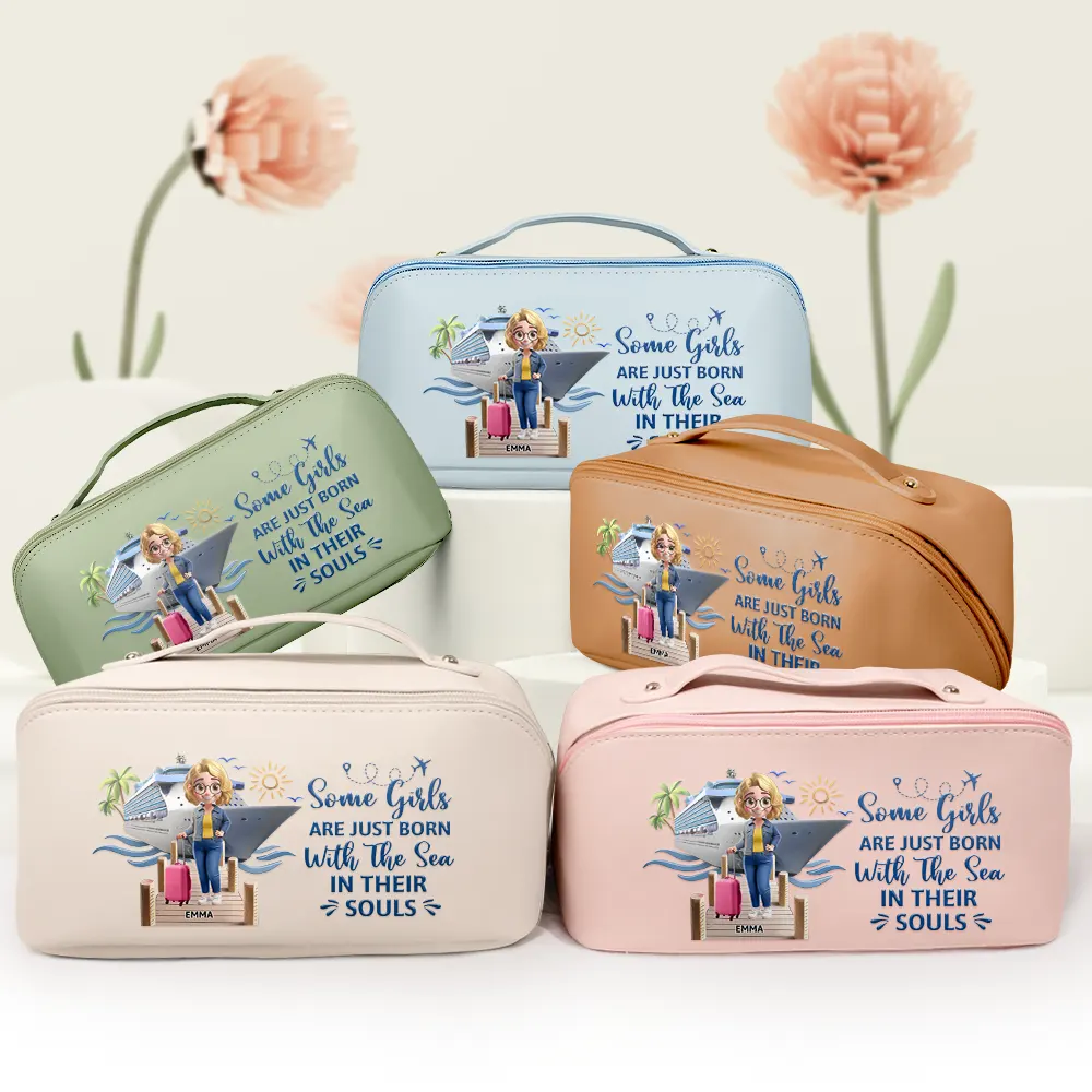 Traveling Girls Trip All My Cruise Crap Besties Cruising - Personalized Leather Makeup Bag - Image 3