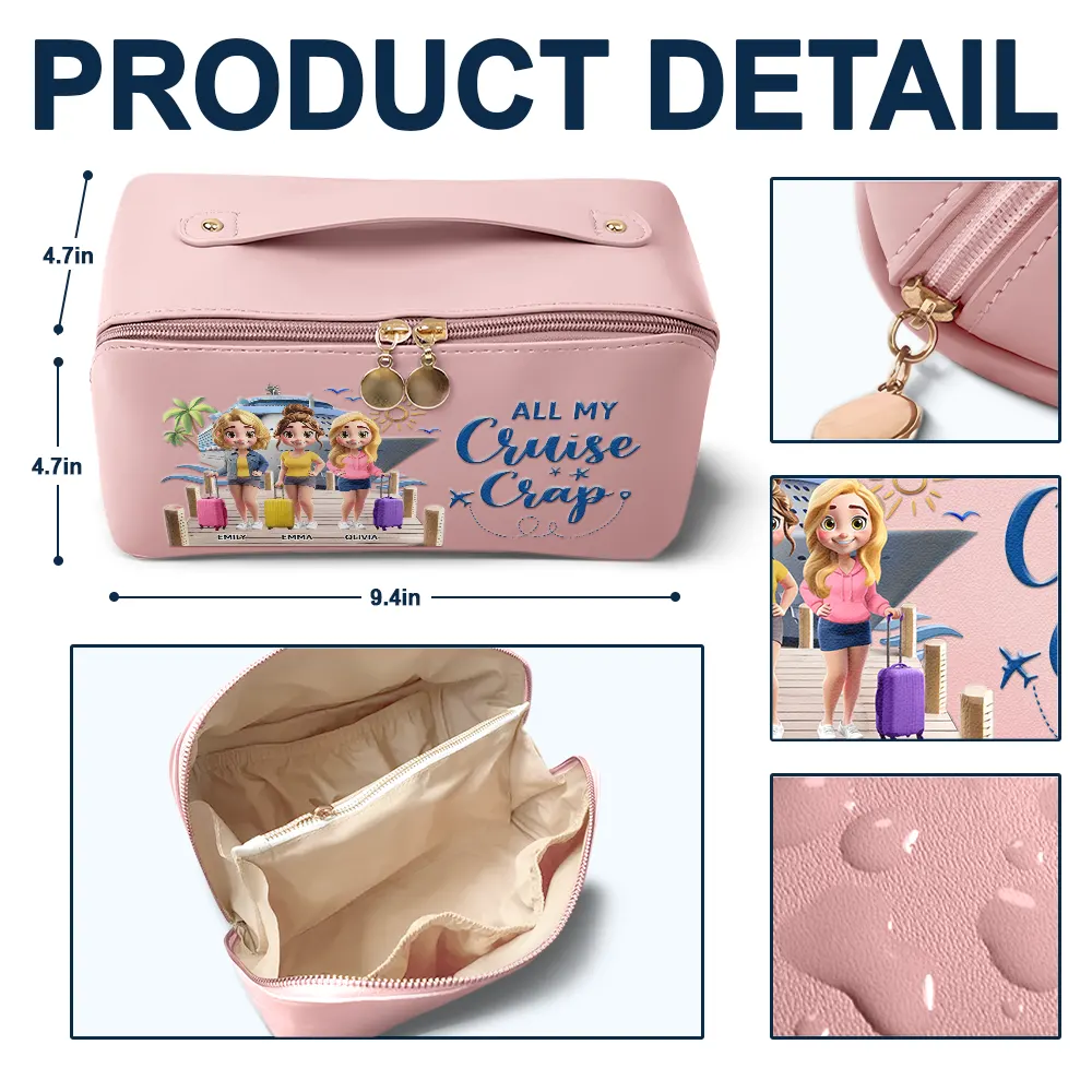 Traveling Girls Trip All My Cruise Crap Besties Cruising - Personalized Leather Makeup Bag - Image 4