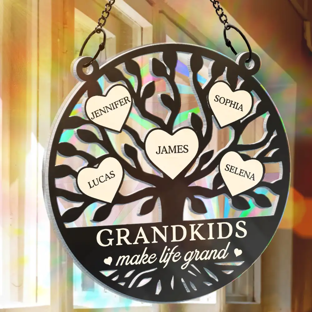 Tree Of Heart Grandkids Make Life Grand - Personalized Window Hanging Rainbow Suncatcher - Image 3