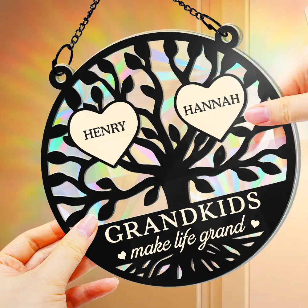 Tree Of Heart Grandkids Make Life Grand - Personalized Window Hanging Rainbow Suncatcher - Image 4