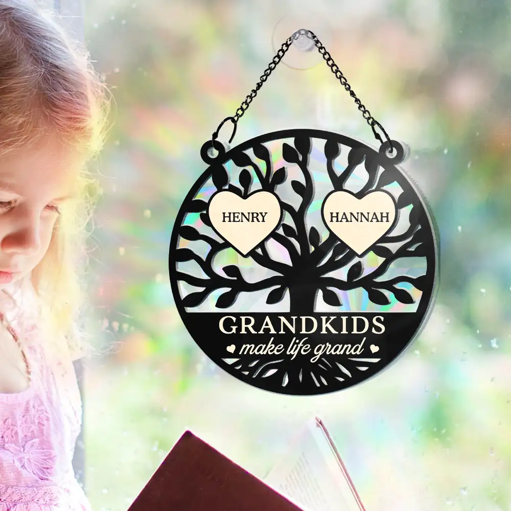 Tree Of Heart Grandkids Make Life Grand - Personalized Window Hanging Rainbow Suncatcher - Image 5