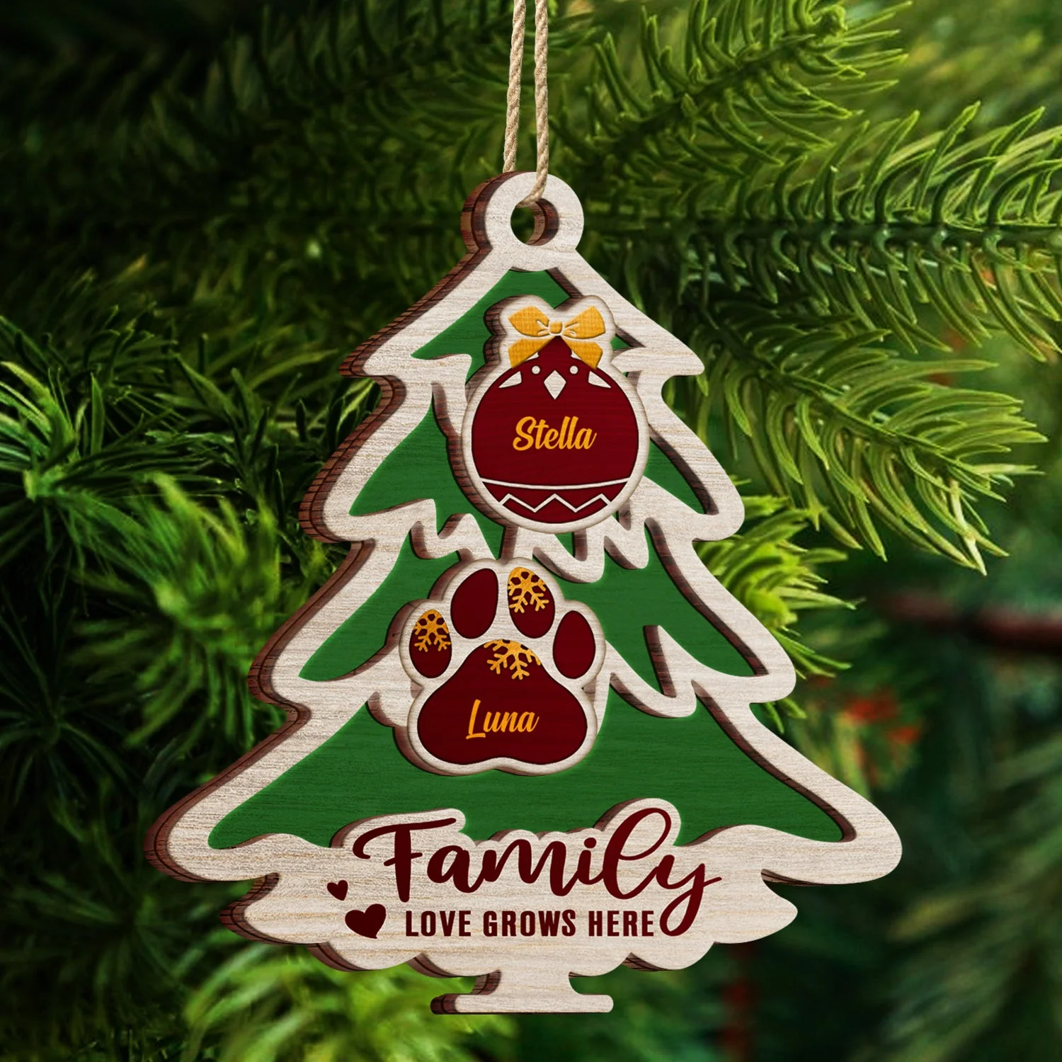 Tree Shape Love Grows Here - Holiday, Xmas, Christmas Gift For Family, Parents, Grandparents - Personalized 2-Layered Wooden Ornament - Image 4