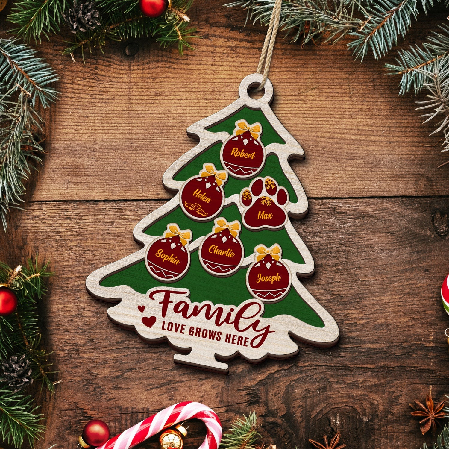 Tree Shape Love Grows Here - Holiday, Xmas, Christmas Gift For Family, Parents, Grandparents - Personalized 2-Layered Wooden Ornament - Image 5
