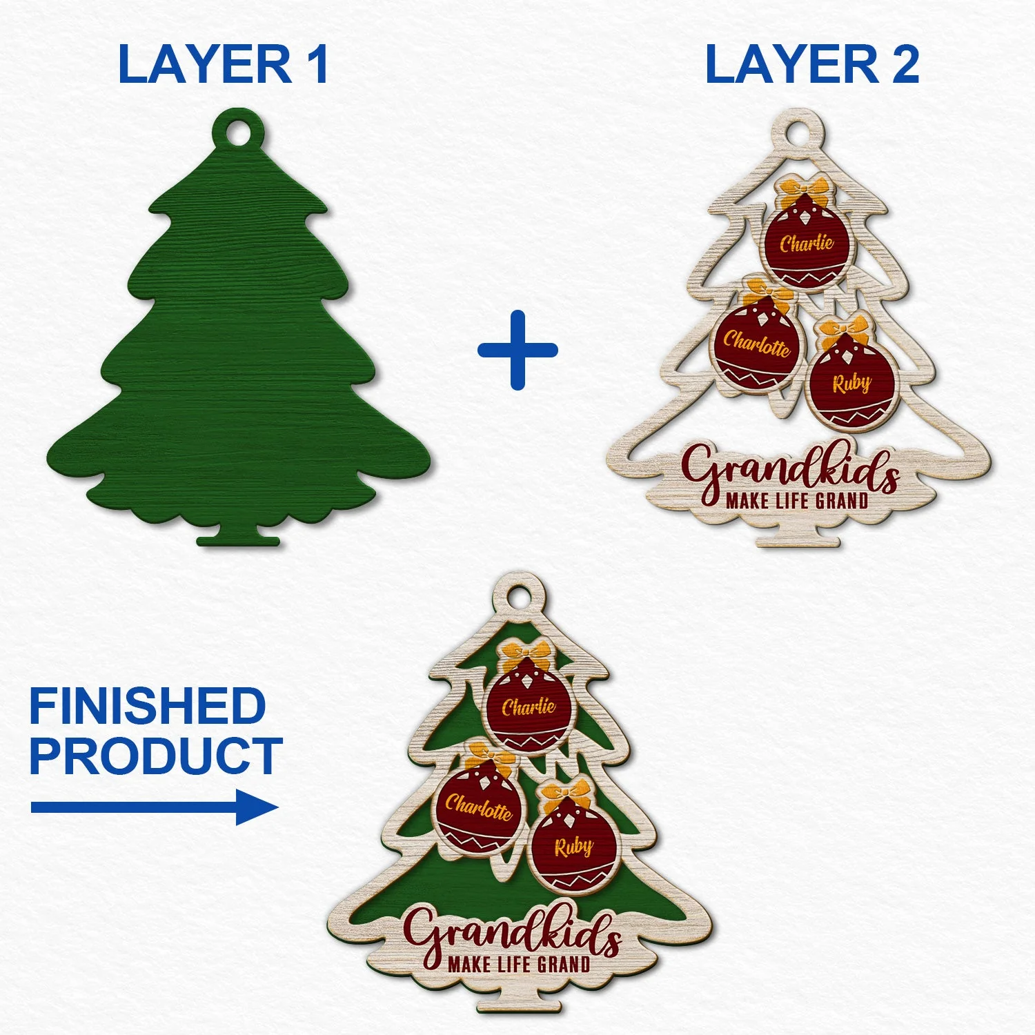Tree Shape Love Grows Here - Holiday, Xmas, Christmas Gift For Family, Parents, Grandparents - Personalized 2-Layered Wooden Ornament - Image 6
