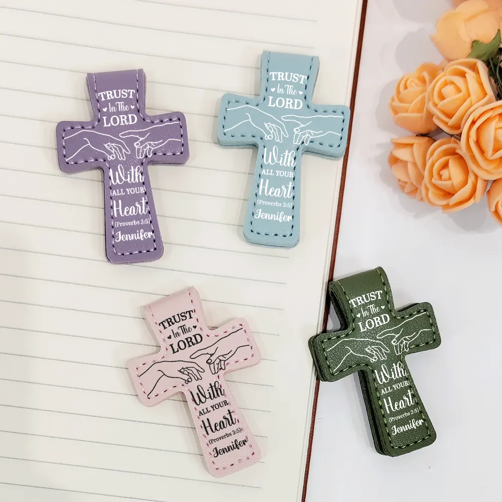 Trust In The Lord With All Your Heart - Personalized Cross Leather Magnetic Bookmark - Image 2
