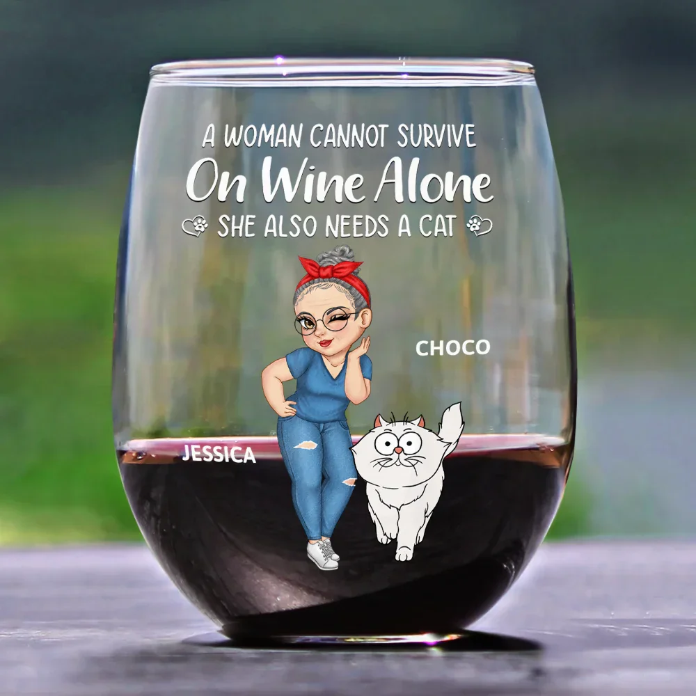 Turban Woman Cannot Survive On Wine Alone Cat Mom Cartoon Go Toward - Personalized Stemless Wine Glass - Image 2
