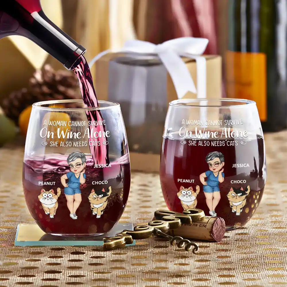 Turban Woman Cannot Survive On Wine Alone Cat Mom Cartoon Go Toward - Personalized Stemless Wine Glass - Image 3