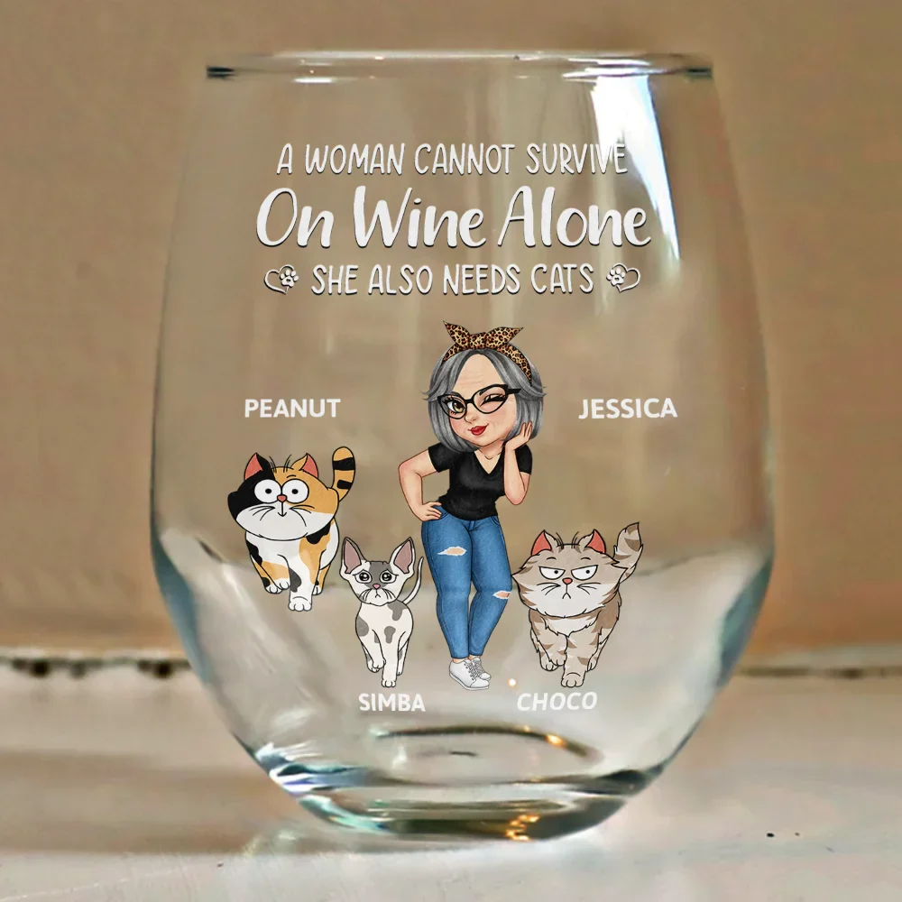 Turban Woman Cannot Survive On Wine Alone Cat Mom Cartoon Go Toward - Personalized Stemless Wine Glass - Image 4