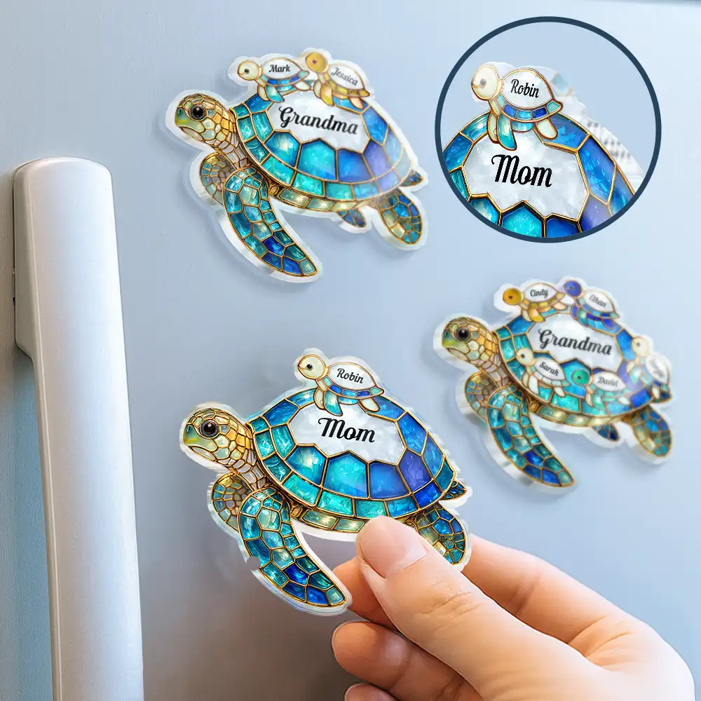 Turtle Stained Glass Mom Grandma - Personalized Acrylic Fridge Magnet - Image 2