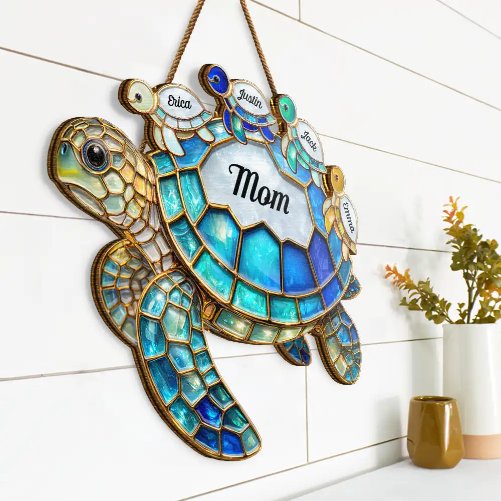 Turtle Stained Glass Mom Grandma - Personalized Custom Shaped Wood Sign - Image 4