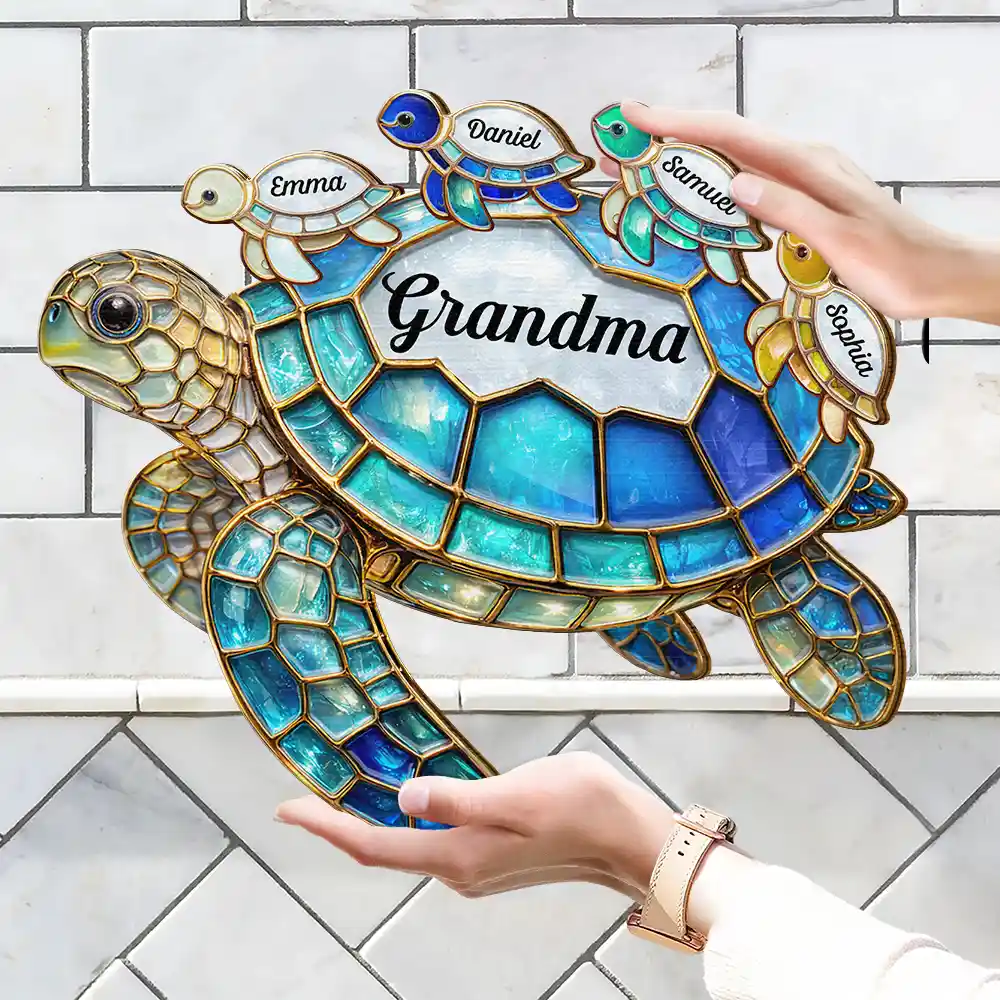 Turtle Stained Glass Mom Grandma - Personalized Custom Shaped Wood Sign - Image 6