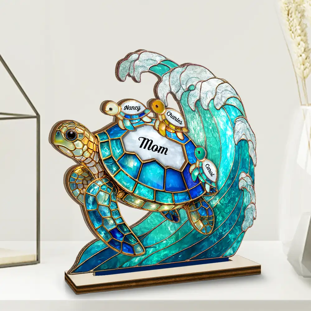 Turtle Stained Glass Mom Grandma - Personalized Custom Shaped Wooden Plaque - Image 2