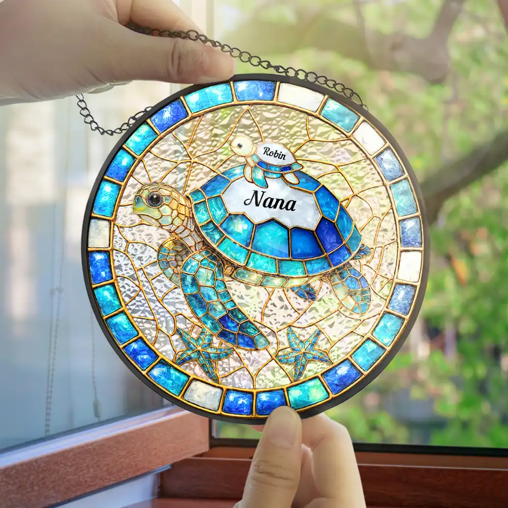 Turtle Stained Glass Mom Grandma - Personalized Stained Glass Window Hanging Suncatcher - Image 4
