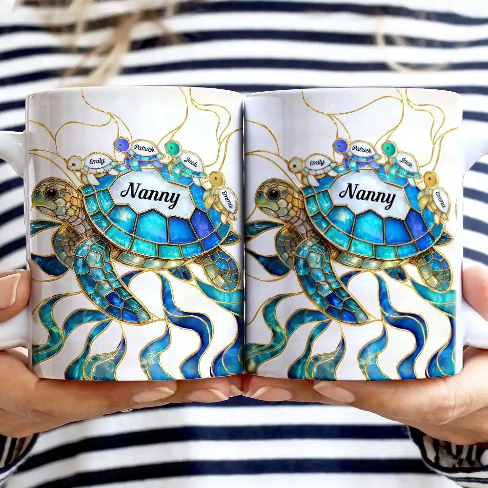 Turtle Stained Glass Mom Grandma - Personalized White Edge-to-Edge Mug - Image 2