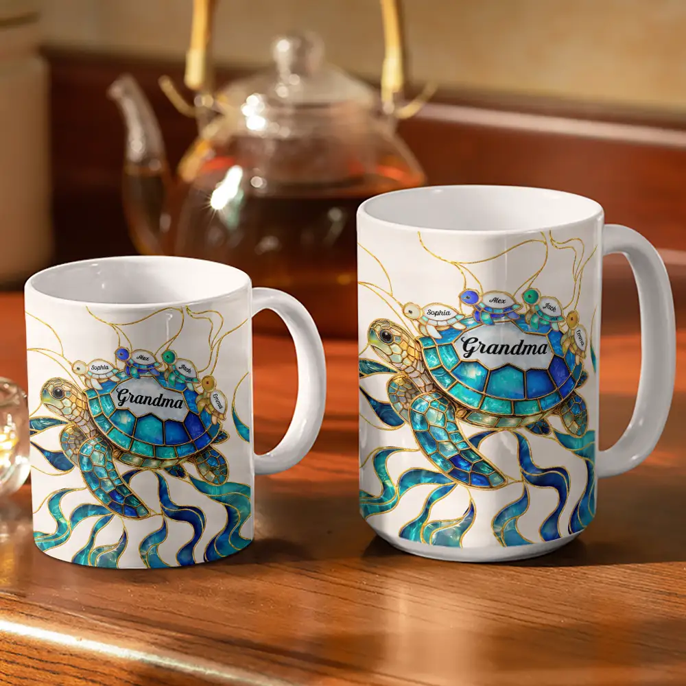 Turtle Stained Glass Mom Grandma - Personalized White Edge-to-Edge Mug - Image 3
